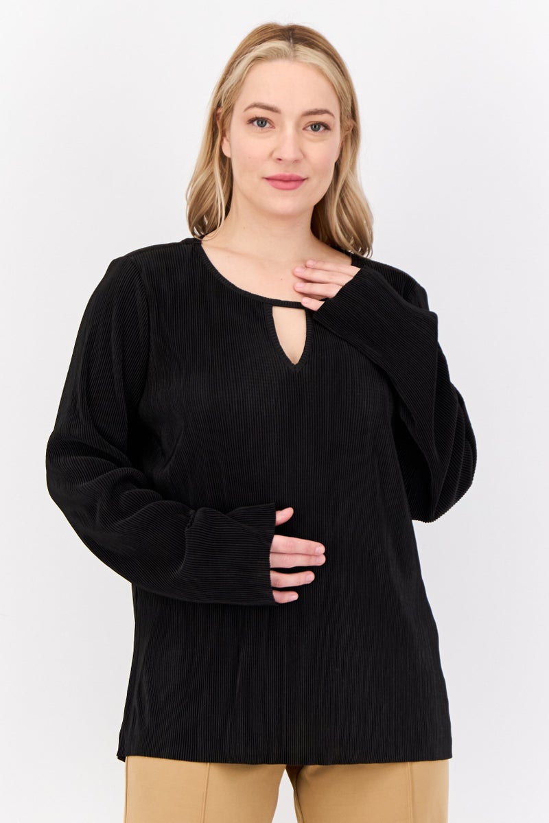 Cyrus بلوزة نسائية بأكمام طويلة وياقة دائرية، سوداء - Image 1