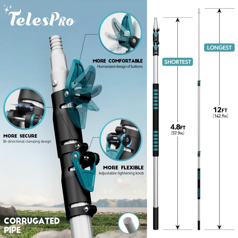 TelesPro 20 Feet High Reach Cobweb Duster with 5-12Ft Extension Pole, Webster Cobweb Duster with 3-Stage Telescopic Aluminum Pole, Spider Web Brush for Outdoor & Indoor Cleaning - Soft Bristles. - Image 3