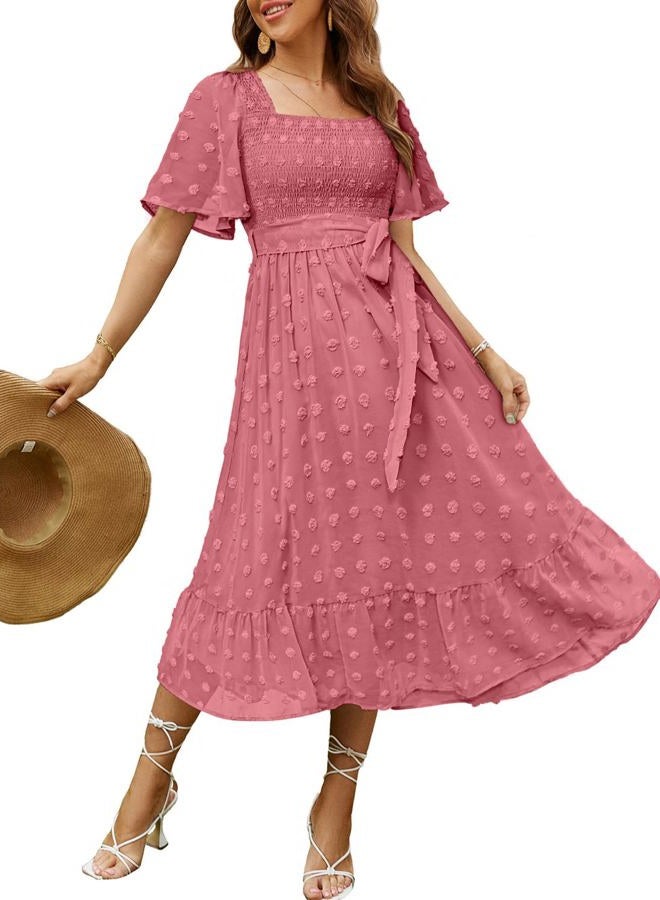 Amegoya Women's Boho Flowy Long Sleeve Square Neck Floral Midi Dress Smocked Spring Fall Wedding Guest Dresses, D-rust Pink, L - Image 1