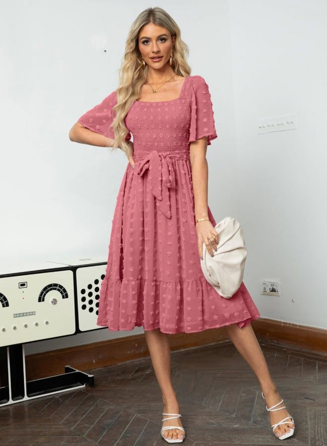 Amegoya Women's Boho Flowy Long Sleeve Square Neck Floral Midi Dress Smocked Spring Fall Wedding Guest Dresses, D-rust Pink, L - Image 2