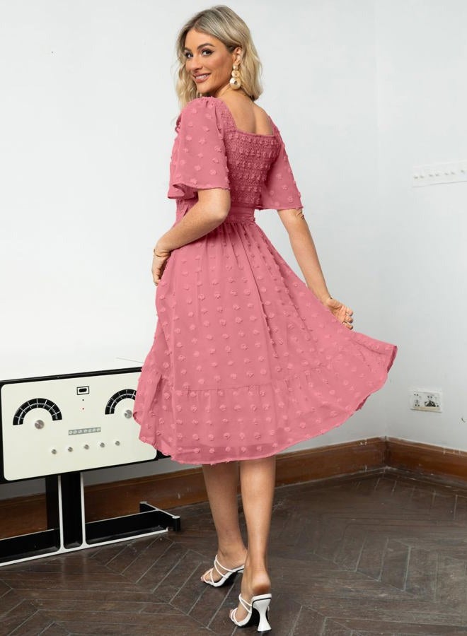 Amegoya Women's Boho Flowy Long Sleeve Square Neck Floral Midi Dress Smocked Spring Fall Wedding Guest Dresses, D-rust Pink, L - Image 4