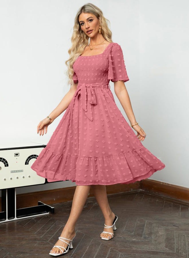 Amegoya Women's Boho Flowy Long Sleeve Square Neck Floral Midi Dress Smocked Spring Fall Wedding Guest Dresses, D-rust Pink, L - Image 3