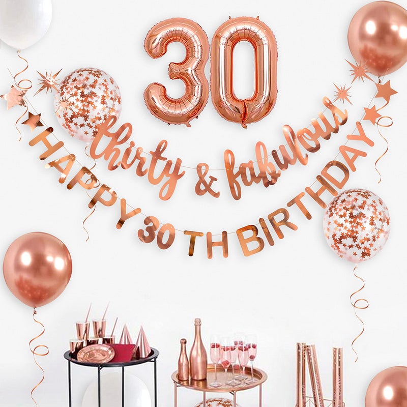 pinkblume Rose Gold Thirty & Fabulous Happy 30Th Birthday Banner Garland Foil Balloon 30 For Womens 30Th Birthday Decorations Hanging 30 And Fabulous Cheers To 30 Years Old Dirty Thirty Party Supplies Backdrop - Image 5