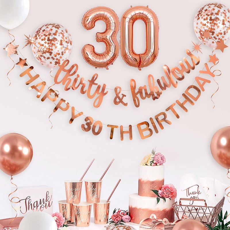 pinkblume Rose Gold Thirty & Fabulous Happy 30Th Birthday Banner Garland Foil Balloon 30 For Womens 30Th Birthday Decorations Hanging 30 And Fabulous Cheers To 30 Years Old Dirty Thirty Party Supplies Backdrop - Image 3