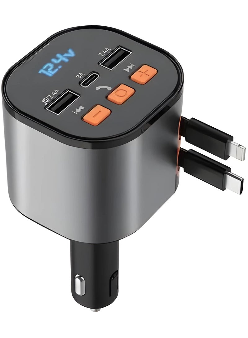 ريبنيو شاحن سيارة قابل للسحب RCp213 محول سيارة للاتصال بدون استخدام اليدين، محول شحن بلوتوث، محول FM مع كابلين قابلين للسحب ومنفذ USB مزدوج ونوع C، مجموعة السيارة - Image 1