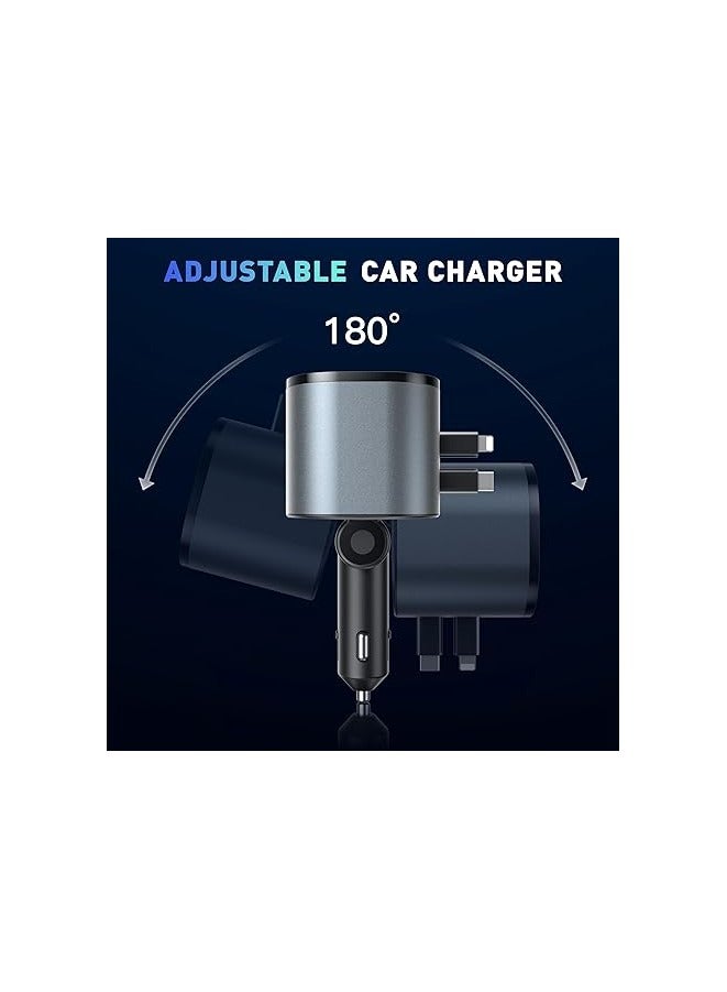 ريبنيو شاحن سيارة قابل للسحب RCp213 محول سيارة للاتصال بدون استخدام اليدين، محول شحن بلوتوث، محول FM مع كابلين قابلين للسحب ومنفذ USB مزدوج ونوع C، مجموعة السيارة - Image 2