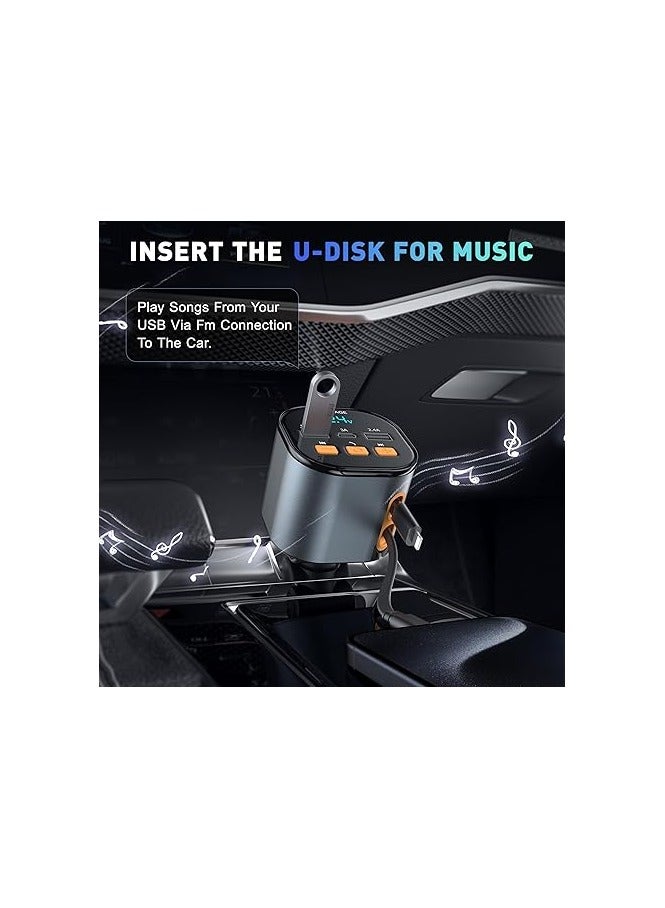 ريبنيو شاحن سيارة قابل للسحب RCp213 محول سيارة للاتصال بدون استخدام اليدين، محول شحن بلوتوث، محول FM مع كابلين قابلين للسحب ومنفذ USB مزدوج ونوع C، مجموعة السيارة - Image 3