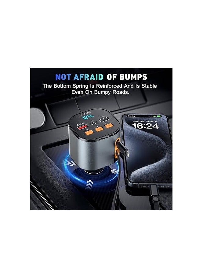 ريبنيو شاحن سيارة قابل للسحب RCp213 محول سيارة للاتصال بدون استخدام اليدين، محول شحن بلوتوث، محول FM مع كابلين قابلين للسحب ومنفذ USB مزدوج ونوع C، مجموعة السيارة - Image 4