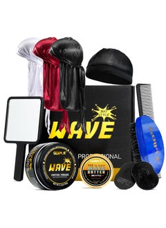 Goiple Strong Hold Wave Pomade for Men Easy Wash 360 Wave Training Hair Cream Grease Promotes Layered Waves Moisture Silky Shine Brush and Durag Cap Set Blue 