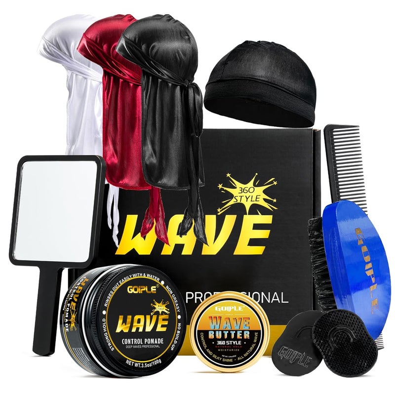 Goiple Strong Hold Wave Pomade for Men Easy Wash 360 Wave Training Hair Cream Grease Promotes Layered Waves Moisture Silky Shine Brush and Durag Cap Set Blue