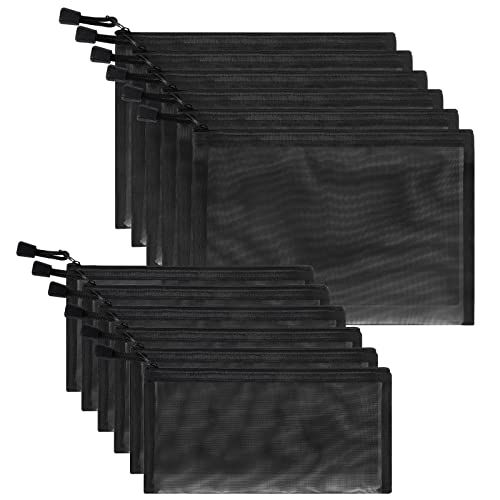 Sinzip 12 Pieces Zipper Nylon Mesh Pouch, Mesh Cosmetic Bags Makeup Bags Pencil Case, Multipurpose Travel Bags for Cosmetic School Office Supplies and Travel Accessories (Black, A5+B6) - Image 1