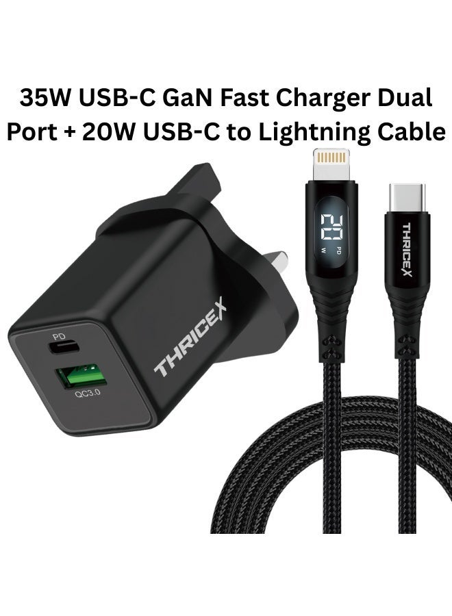 ثريككس شاحن سريع ثنائي المنافذ USB-C GaN بقدرة 35 واط + كابل USB-C إلى Lightning بقدرة 20 واط، شاحن جداري PD لأجهزة iPhone 14/13/12/11 وiPhone 16-12 وSamsung Galaxy S24، محول شحن سريع صغير الحجم - Image 1
