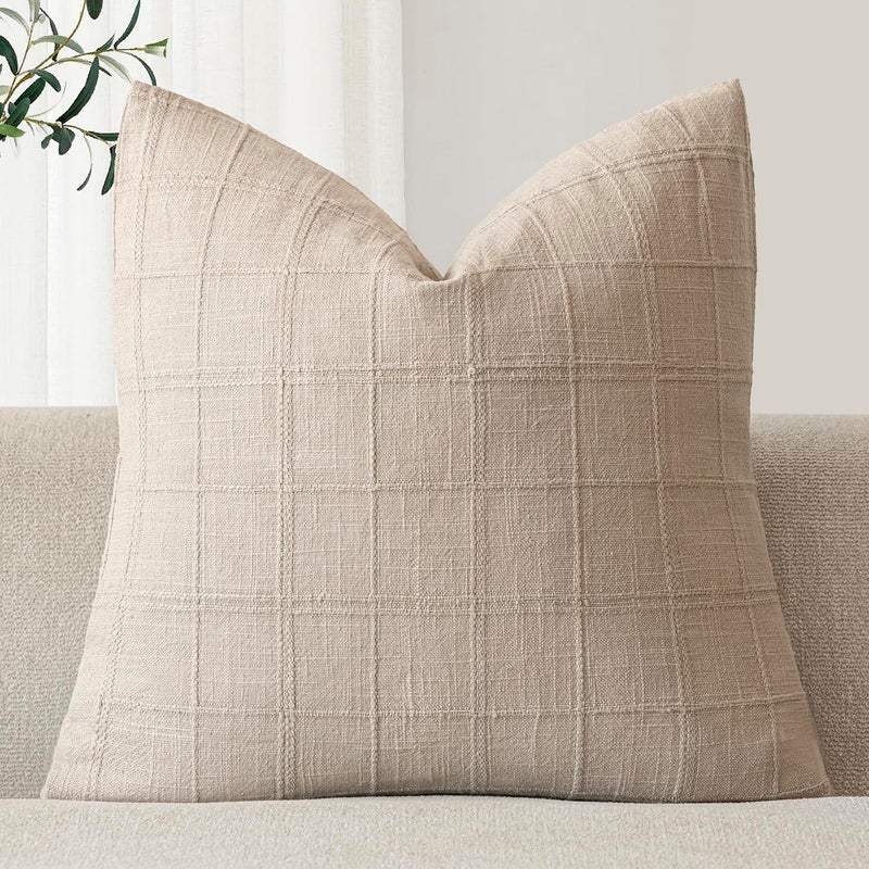 Foindtower Set of 1 Decorative Linen Check Throw Pillow Cover Neutral Farmhouse Vintage Cushion Cover Modern Boho Home Decor for Sofa Chair Couch Bedroom Living Room,16×16 Inch,Natural Linen - Image 1