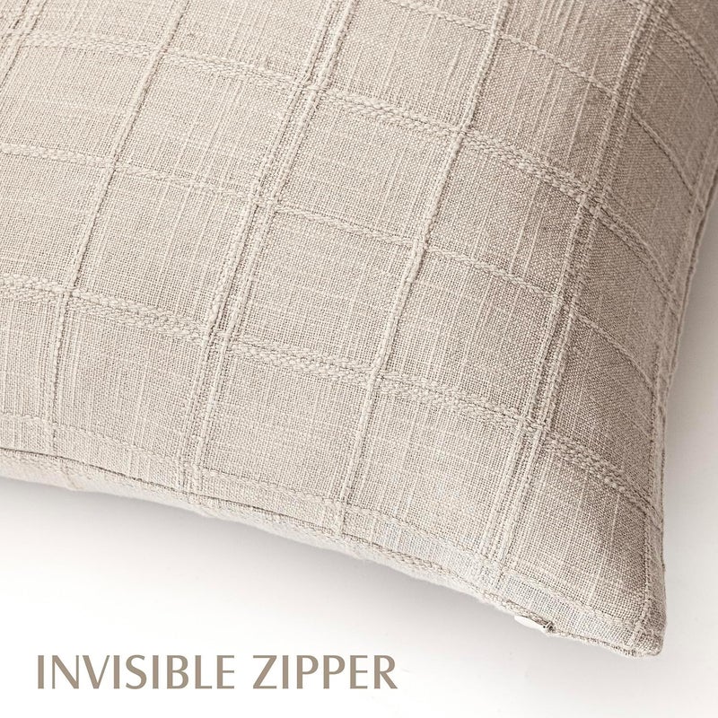 Foindtower Set of 1 Decorative Linen Check Throw Pillow Cover Neutral Farmhouse Vintage Cushion Cover Modern Boho Home Decor for Sofa Chair Couch Bedroom Living Room,16×16 Inch,Natural Linen - Image 3