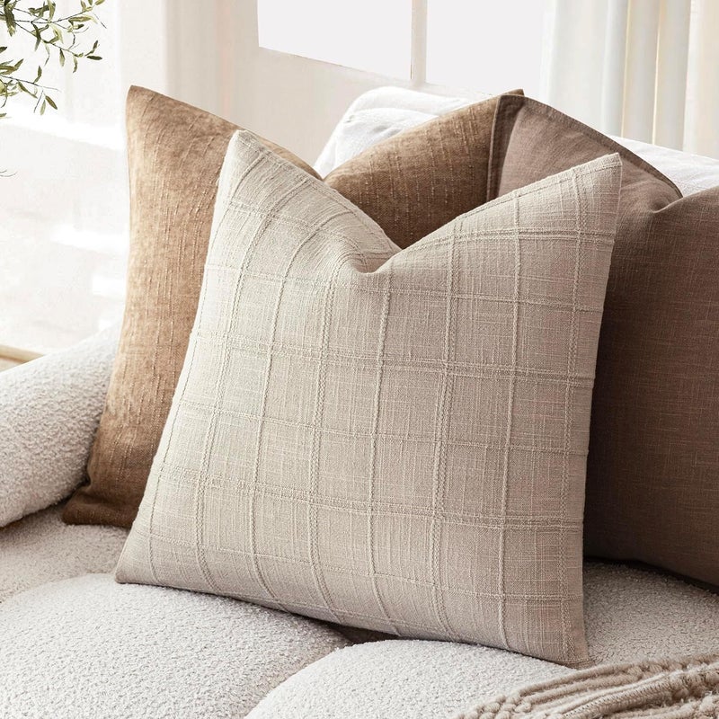 Foindtower Set of 1 Decorative Linen Check Throw Pillow Cover Neutral Farmhouse Vintage Cushion Cover Modern Boho Home Decor for Sofa Chair Couch Bedroom Living Room,16×16 Inch,Natural Linen - Image 5