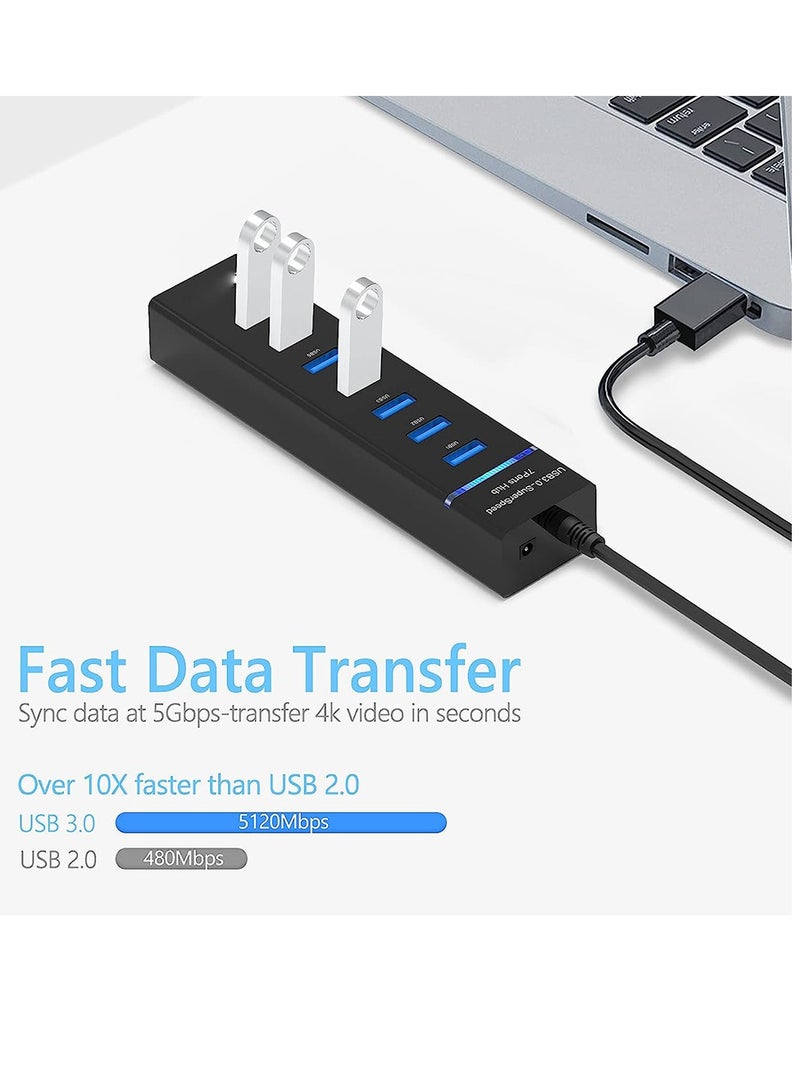7-Port USB 3.0 Hub, USB Hub Splitter with Long Cable for Laptop, PC, MacBook, Mac Pro, Mac Mini, iMac, Surface Pro and More - Image 3
