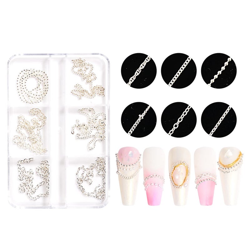 Sindy 6 Strips Nail Chains for Nail Art 3D Metal Nail Charms Nail Art Decoration Metal Sliver Punk Nail Studs Chains Metallic Nail Beads Ball Jewelry Accessories Manicure Tips - Image 2