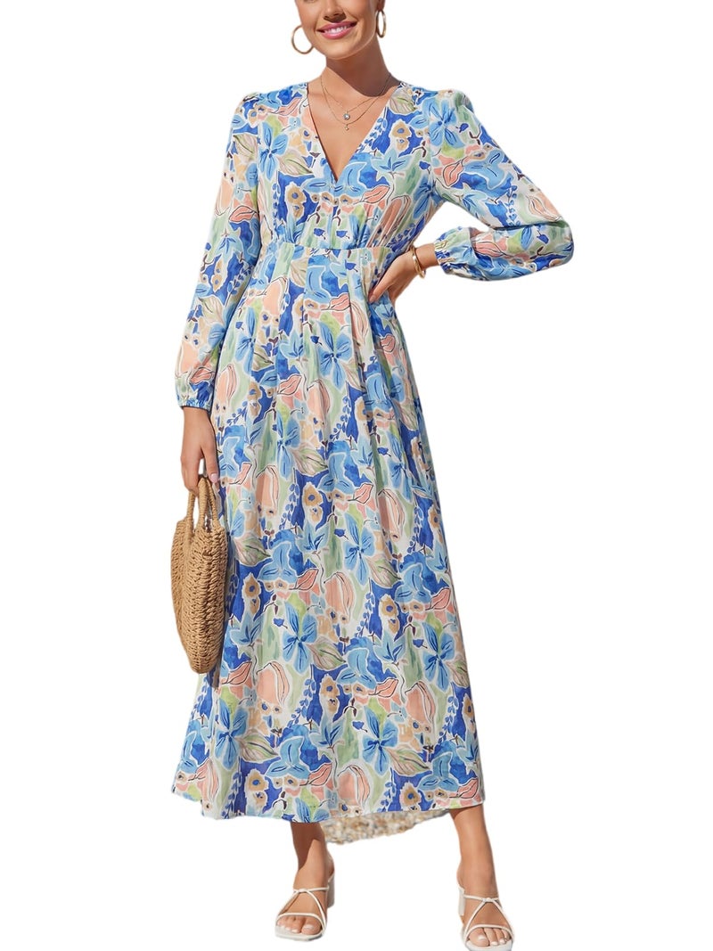 Maxigerui Women's Long Sleeve Floral Maxi Dress 2026 Spring Summer Wedding Guest Dress Blue Doodle Floral Print Dress S - Image 1