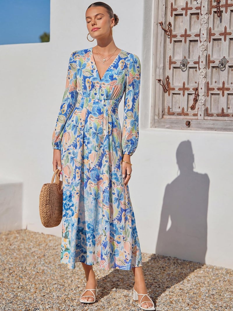Maxigerui Women's Long Sleeve Floral Maxi Dress 2026 Spring Summer Wedding Guest Dress Blue Doodle Floral Print Dress S - Image 2