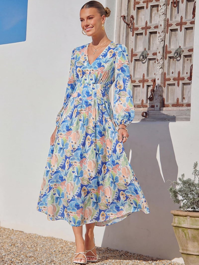 Maxigerui Women's Long Sleeve Floral Maxi Dress 2026 Spring Summer Wedding Guest Dress Blue Doodle Floral Print Dress S - Image 3