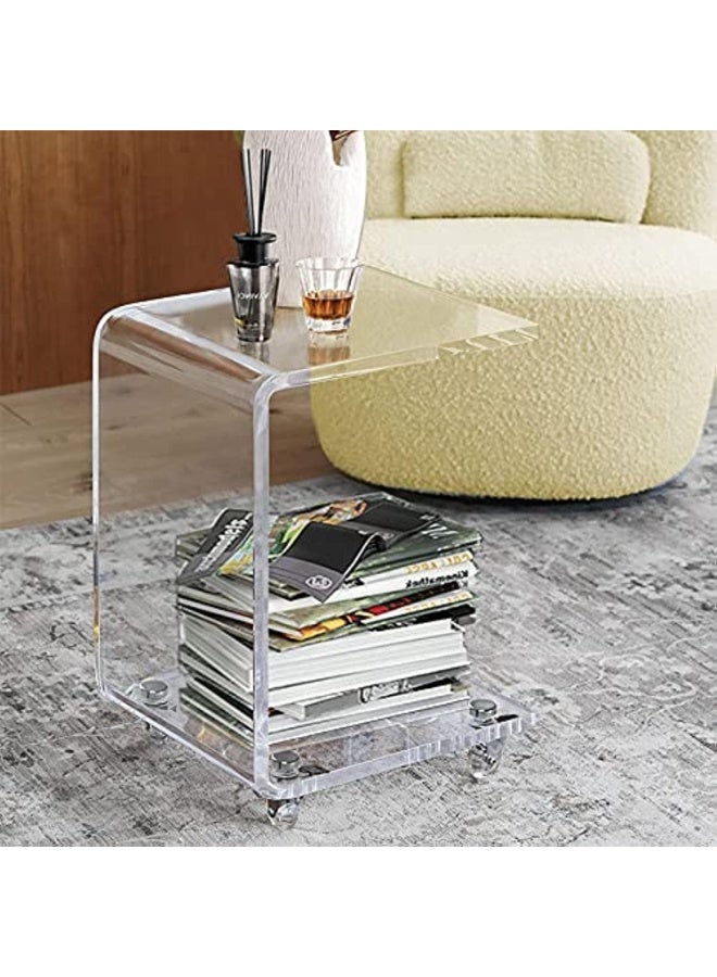 Slasa Clear Mobile Acrylic C-Shaped End Table, 10mm Thick Transparent Sofa Side Table with Wheels, Portable Snack & Coffee Table for Living Room, Bedroom & Office, Small Space Use, 30x30x55cm - Image 2