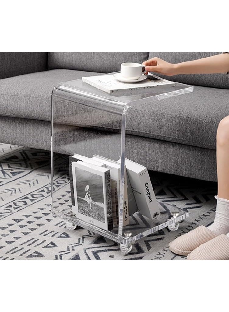 Slasa Clear Mobile Acrylic C-Shaped End Table, 10mm Thick Transparent Sofa Side Table with Wheels, Portable Snack & Coffee Table for Living Room, Bedroom & Office, Small Space Use, 30x30x55cm - Image 3