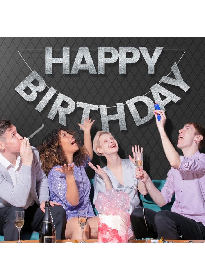 Happy Birthday Banner 9ft Silver Glitter - Pre-Strung No DIY Backdrop Sign for Parties, Adults, Kids, Boys Girls - Birthday Decorations Party Supplies - Image 5