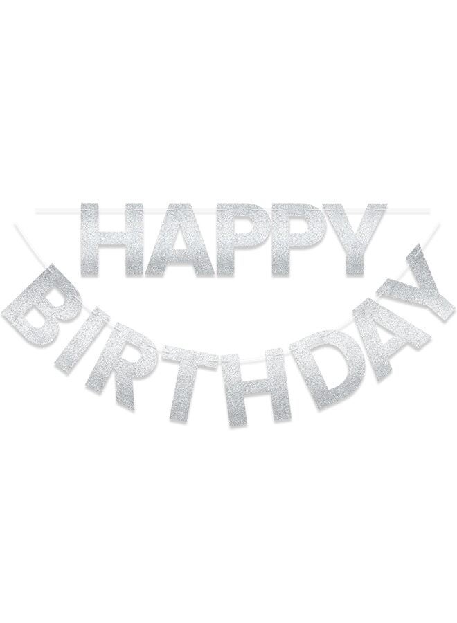 Happy Birthday Banner 9ft Silver Glitter - Pre-Strung No DIY Backdrop Sign for Parties, Adults, Kids, Boys Girls - Birthday Decorations Party Supplies - Image 1