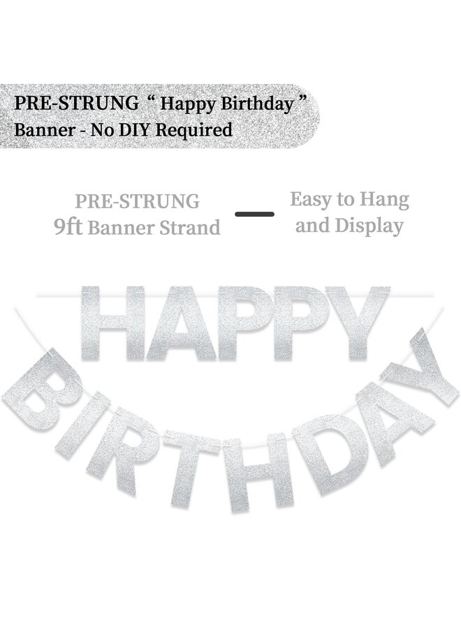 Happy Birthday Banner 9ft Silver Glitter - Pre-Strung No DIY Backdrop Sign for Parties, Adults, Kids, Boys Girls - Birthday Decorations Party Supplies - Image 2