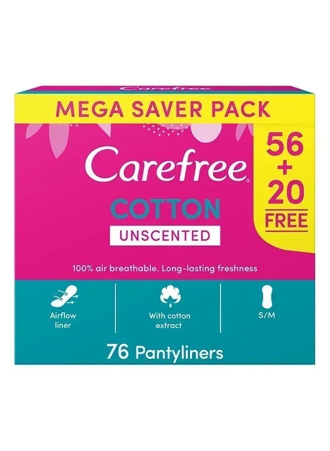 Carefree Daily Panty Liners, Cotton, Unscented, Pack of 76, 76'S
