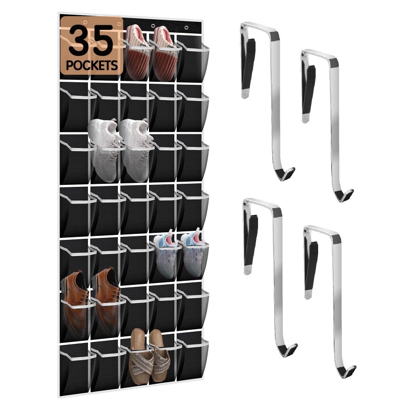Kotkn 35 Compartment Over The Door Storage - Breathable Mesh Hanging Organizer with Large Pockets, Space Saving Design for Men & Women's Footwear, Closet, Bedroom- Black (Black, 35-Pocket) - Image 1