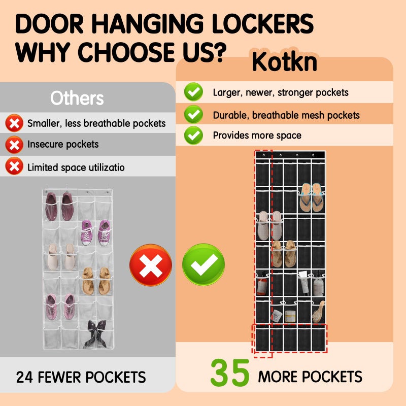 Kotkn 35 Compartment Over The Door Storage - Breathable Mesh Hanging Organizer with Large Pockets, Space Saving Design for Men & Women's Footwear, Closet, Bedroom- Black (Black, 35-Pocket) - Image 4