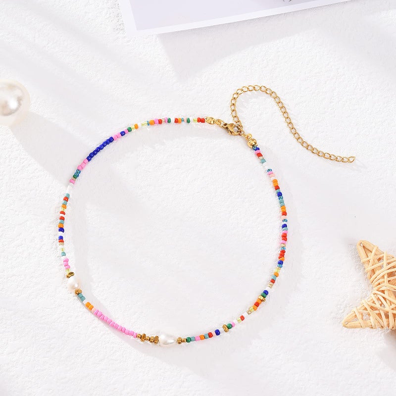 Wellike Freshwater Pearl Beaded Necklace for Women Handmade Boho Colorful Glass Beads Choker Necklace Stainless Steel 18K Gold Plated Bohemian Women Summer Jewelry Gifts (KKWX920AMZ) - Image 3