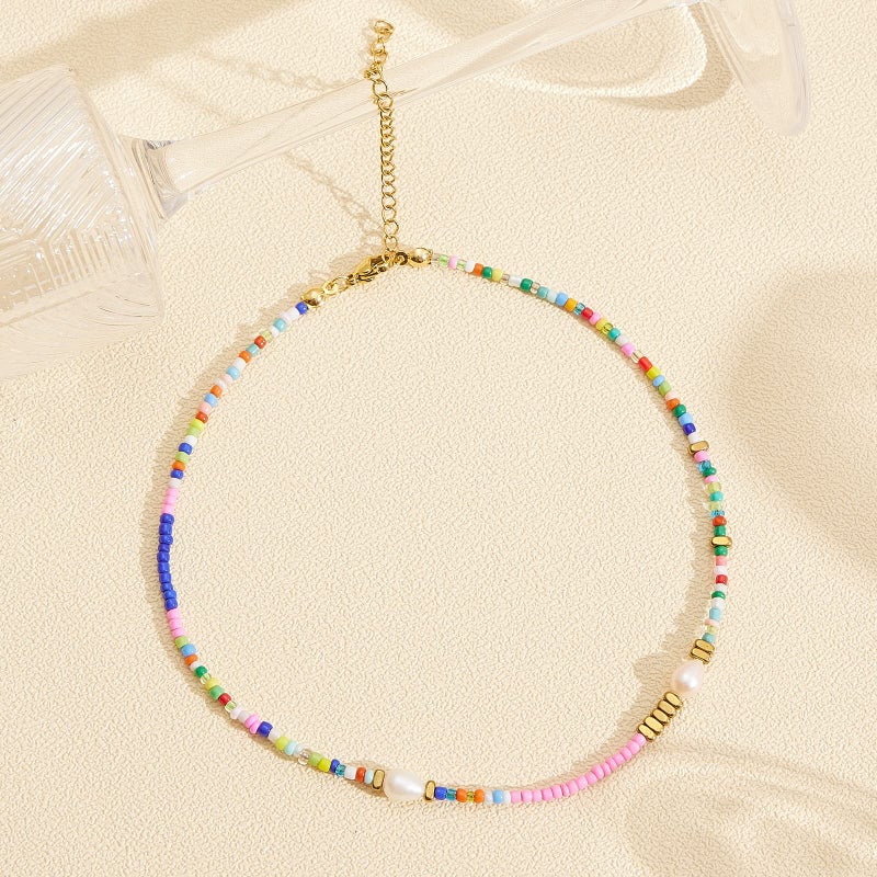 Wellike Freshwater Pearl Beaded Necklace for Women Handmade Boho Colorful Glass Beads Choker Necklace Stainless Steel 18K Gold Plated Bohemian Women Summer Jewelry Gifts (KKWX920AMZ) - Image 4