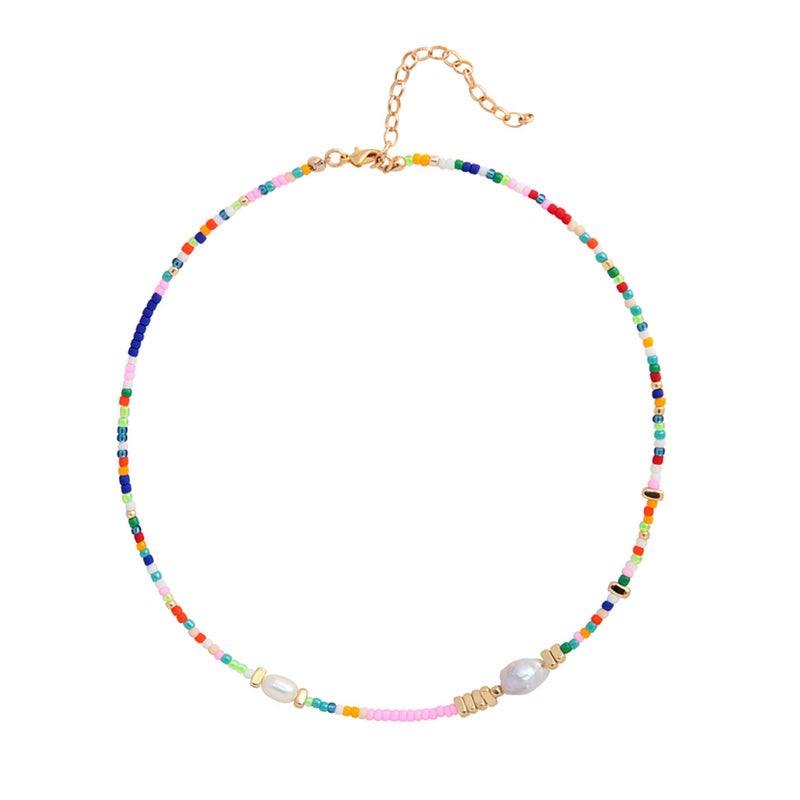 Wellike Freshwater Pearl Beaded Necklace for Women Handmade Boho Colorful Glass Beads Choker Necklace Stainless Steel 18K Gold Plated Bohemian Women Summer Jewelry Gifts (KKWX920AMZ) - Image 1
