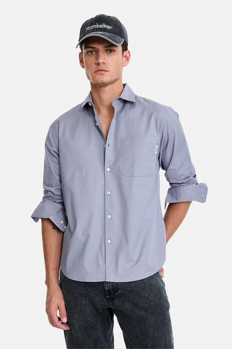 سنيتش Grey Solid Long Sleeve Regular Fit Casual Shirt