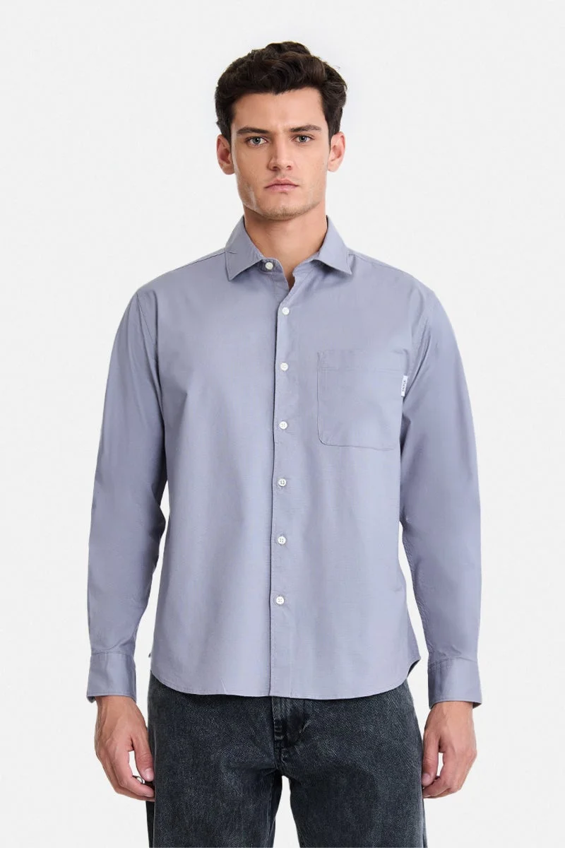 سنيتش Grey Solid Long Sleeve Regular Fit Casual Shirt