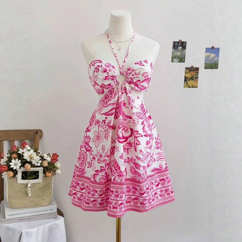 Bohemian Beach Halter Neck Dress with Floral Print and Cutout Waist - Image 3