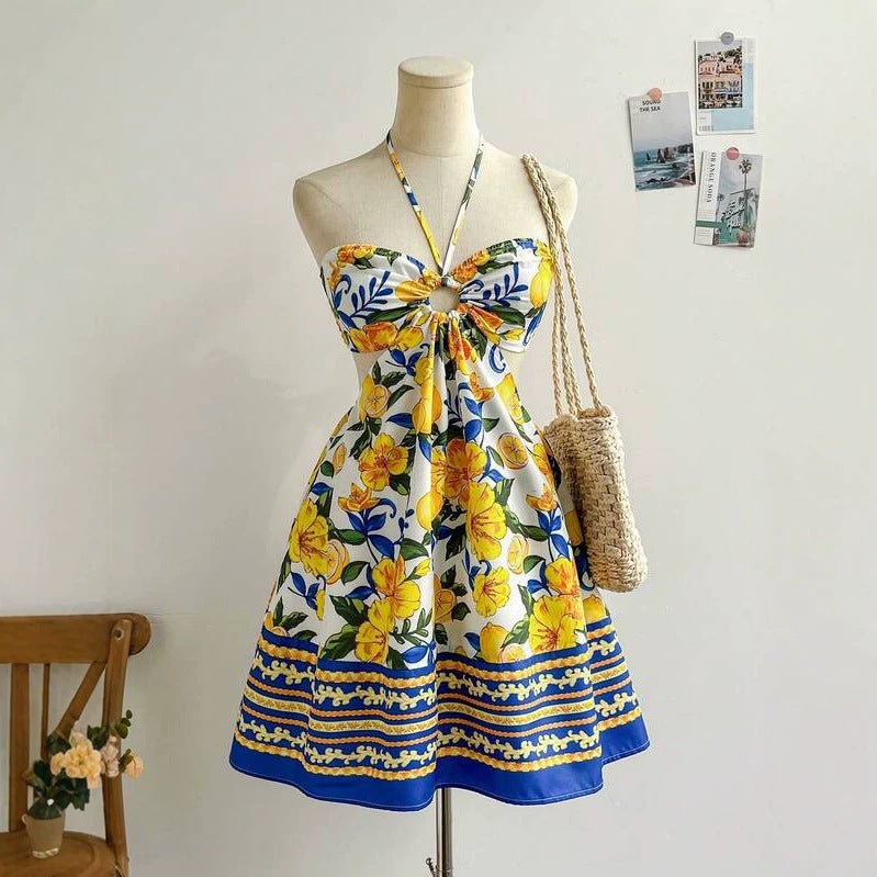 Bohemian Beach Halter Neck Dress with Floral Print and Cutout Waist - Image 4