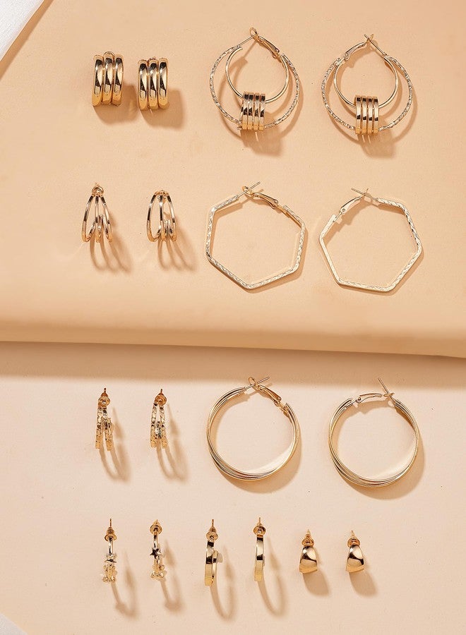 Karatcart Bohey by KARATCART Set of 9 Gold-Plated Multi-Design Stud and Hoop Earrings for Women - Image 3