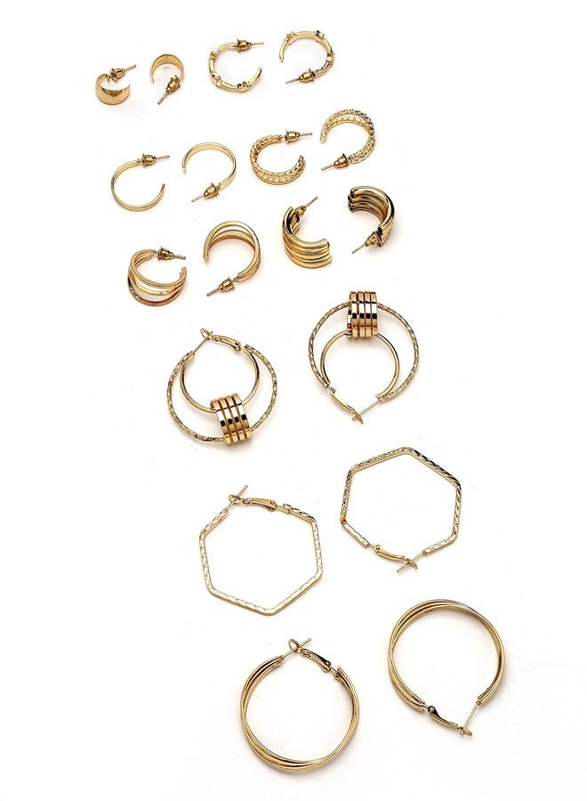 Karatcart Bohey by KARATCART Set of 9 Gold-Plated Multi-Design Stud and Hoop Earrings for Women - Image 1