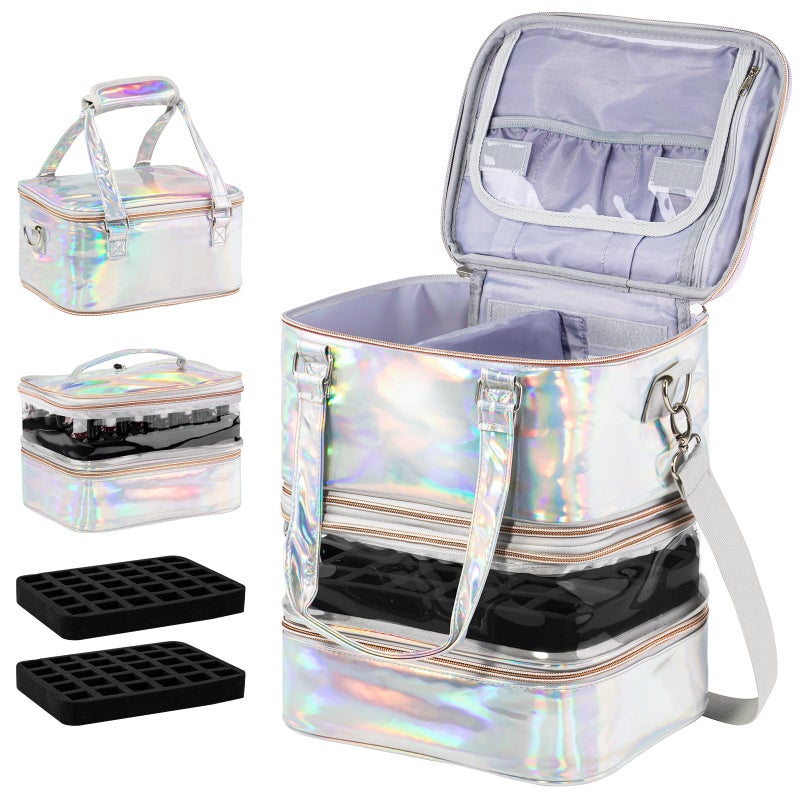 BELOVING Nail Polish Organizer Case, 3 Layers Removable Nail Polish Storage Bag Holds 60 Bottles and Nail Lamp with Shoulder Strap Portable Holographic PU Leather Nail Kit Storage for Manicure Tools (Silver) - Image 1