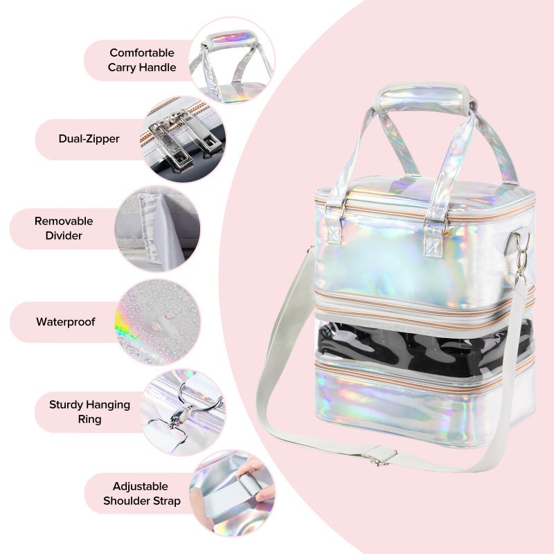 BELOVING Nail Polish Organizer Case, 3 Layers Removable Nail Polish Storage Bag Holds 60 Bottles and Nail Lamp with Shoulder Strap Portable Holographic PU Leather Nail Kit Storage for Manicure Tools (Silver) - Image 3