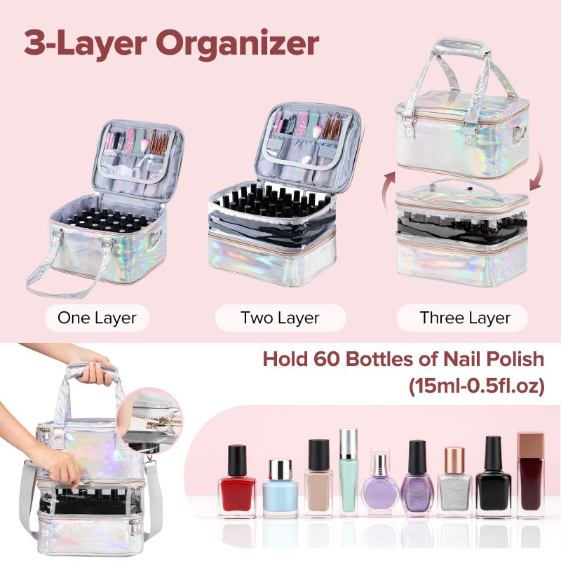 BELOVING Nail Polish Organizer Case, 3 Layers Removable Nail Polish Storage Bag Holds 60 Bottles and Nail Lamp with Shoulder Strap Portable Holographic PU Leather Nail Kit Storage for Manicure Tools (Silver) - Image 2
