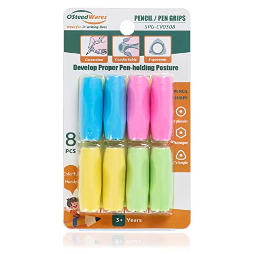 OSteed Ergonomic Pencil Grips Silicone 8 Pcs for Kids and Adults Handwriting, Gel Pen Grips with 3 Concaves, 1 Pack 4 Colors - Image 1