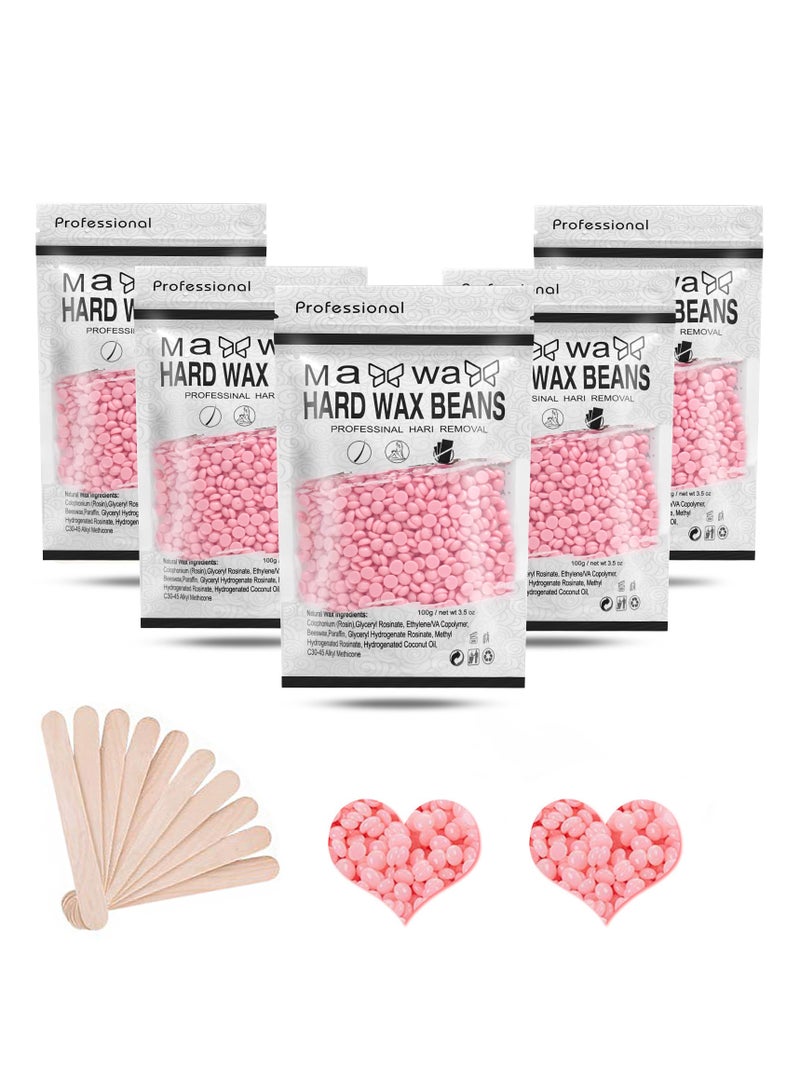Hard Wax Beads for Hair Removal with 10 Sticks, Wax Beads for Sensitive Skin, Body Wax Beads for Thick Hair, Waxing Beads for Face, Eyebrows, Body, Home(100g/pack) (5pack, Rose) - Image 1