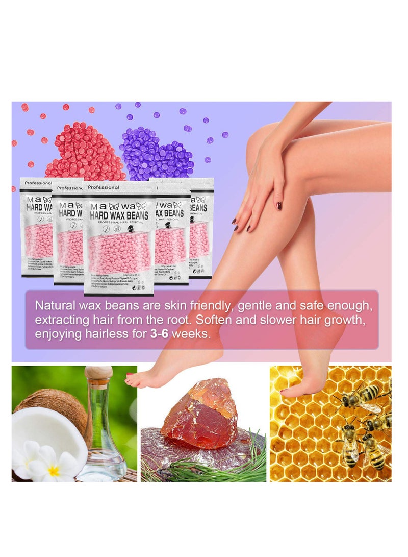 Hard Wax Beads for Hair Removal with 10 Sticks, Wax Beads for Sensitive Skin, Body Wax Beads for Thick Hair, Waxing Beads for Face, Eyebrows, Body, Home(100g/pack) (5pack, Rose) - Image 2