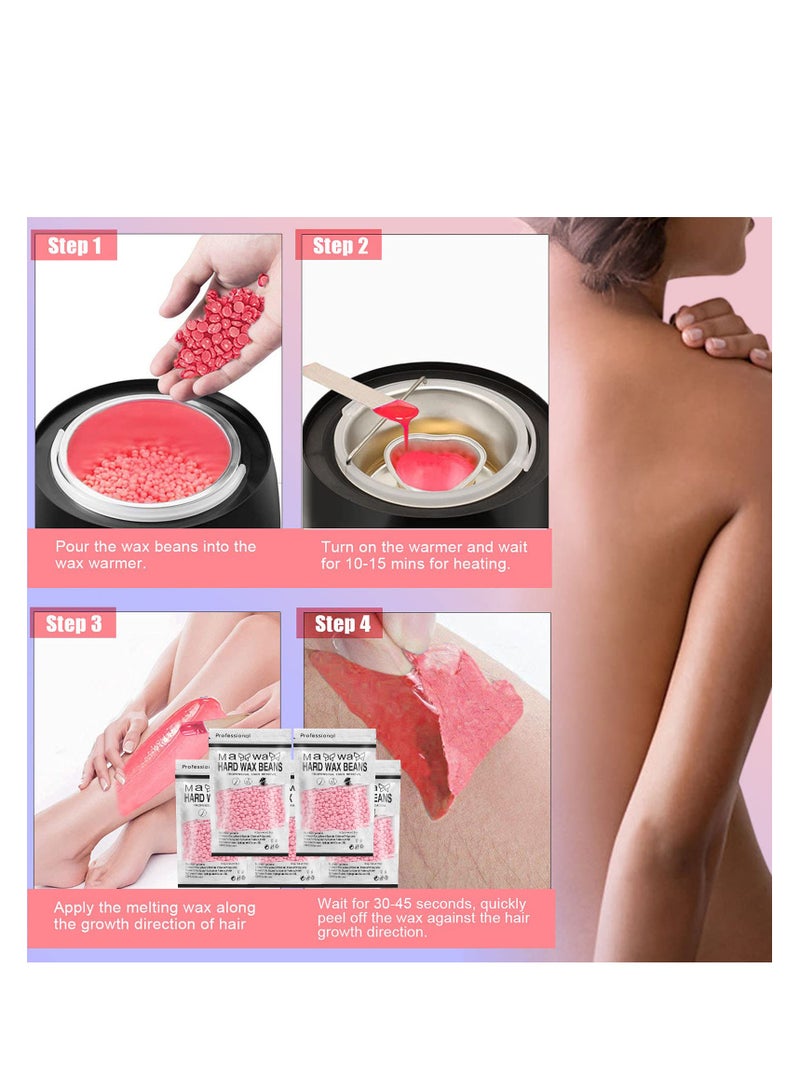 Hard Wax Beads for Hair Removal with 10 Sticks, Wax Beads for Sensitive Skin, Body Wax Beads for Thick Hair, Waxing Beads for Face, Eyebrows, Body, Home(100g/pack) (5pack, Rose) - Image 3