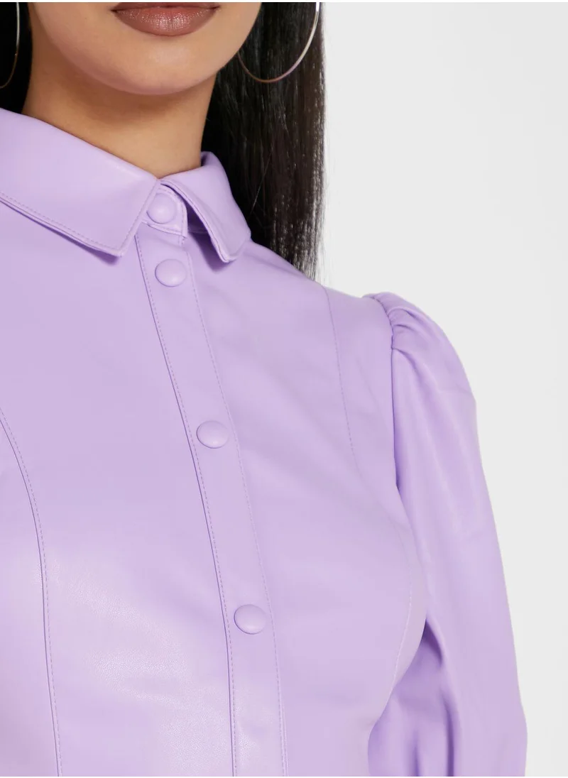 NA-KD Puff Sleeves Pu Mini Shirt Dress
