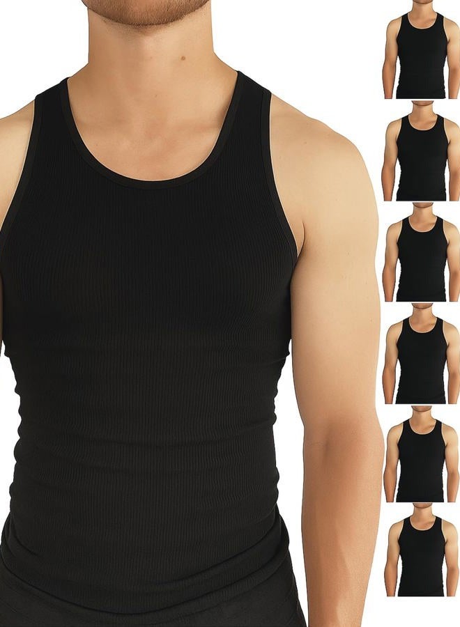 BROOKLYN VERTICAL Mens 6-Pack Tank Tops | Moisture-Wicking Ribbed Lightweight Undershirts, Black, M - Image 1